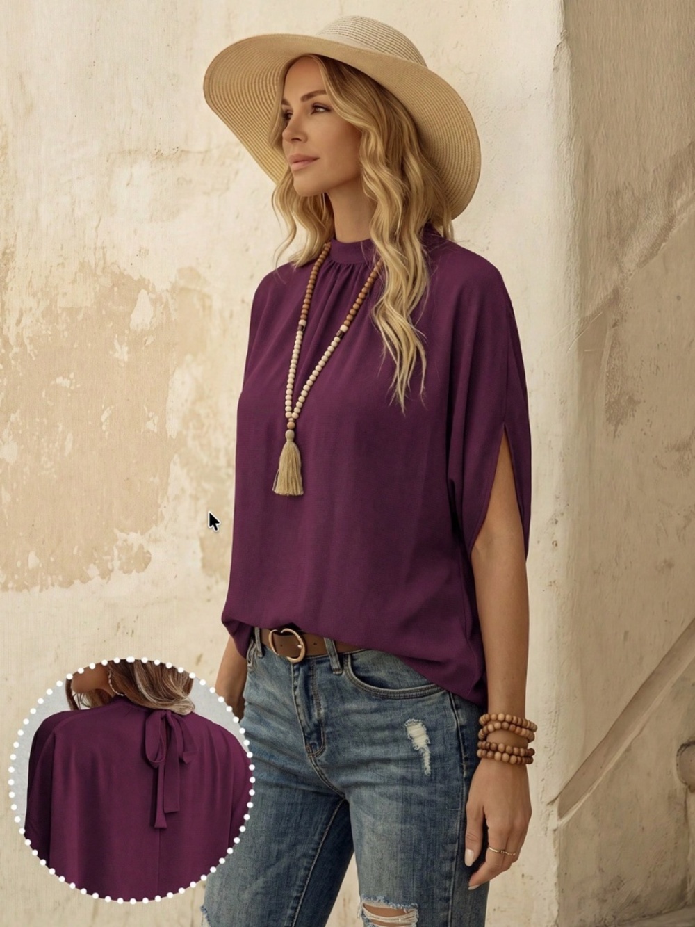 Burgundy Blouse Top Flowy, High Neck